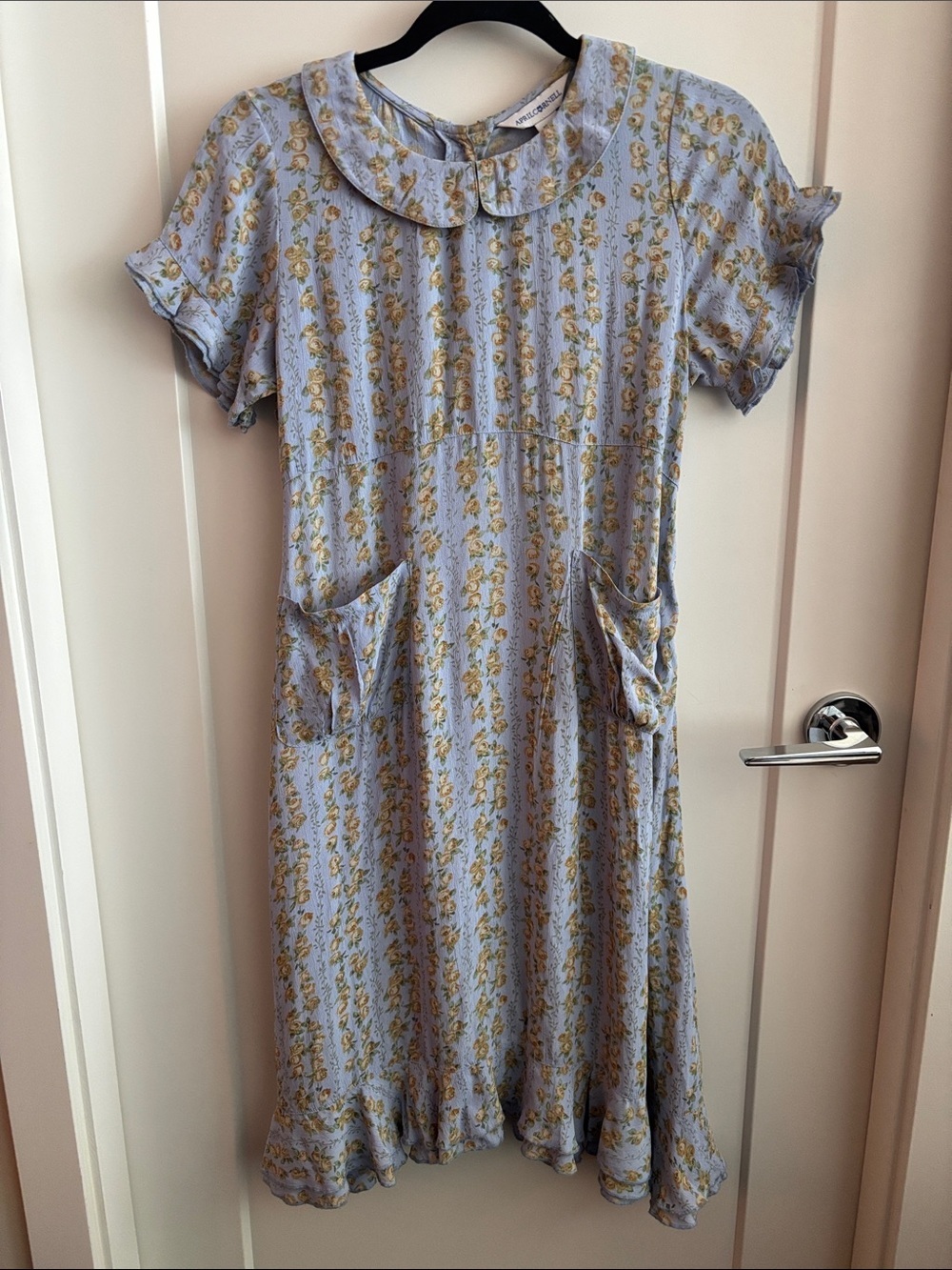 April Cornell Sz 11-12 Light Blue Ditzy Floral Dress Ruffle on Sleeves & Hem